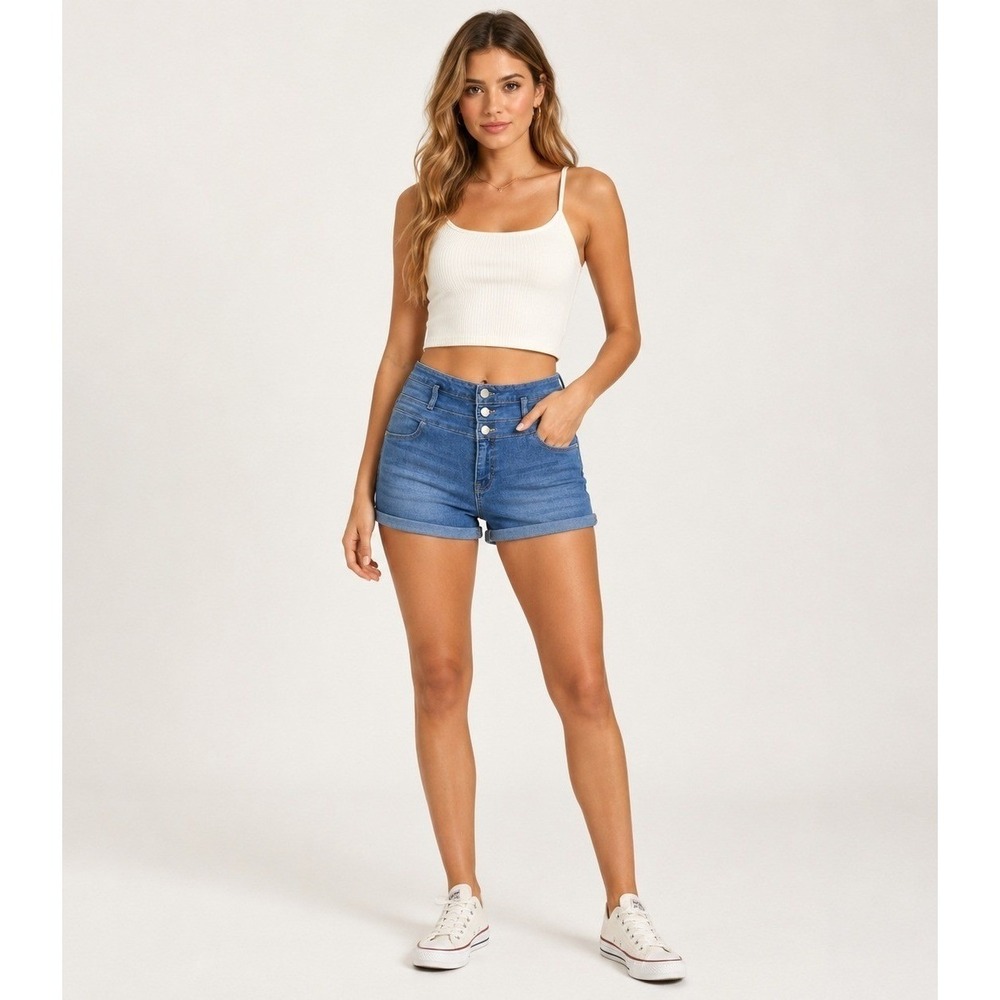 Y2K Refuge Micro Jean Shorts Women 10 Blue Button Fly High Waist Stretch Vintage